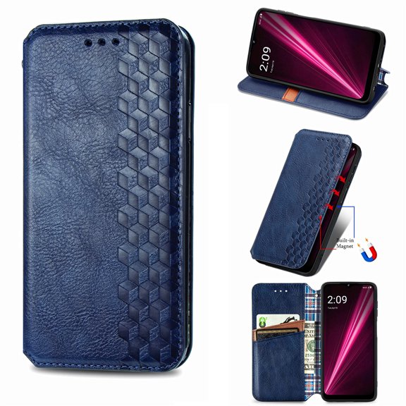 SaniMore Wallet Case for T-Mobile REVVL 6 5G Vintage PU Leather Case Card Slots Cash Pocket Stand Feature Magnetic Closure Anti-drop Shockproof Full Body Protective Cover, Blue