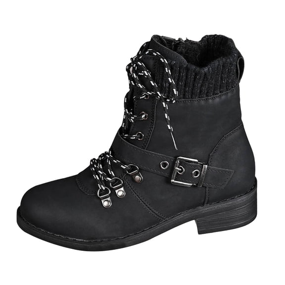Women's Low Heel Mid Calf Boots Lace Up Knit Ankle Cuff Low Heel Combat Booties Wide Width Motocycle Boots Black 8.5