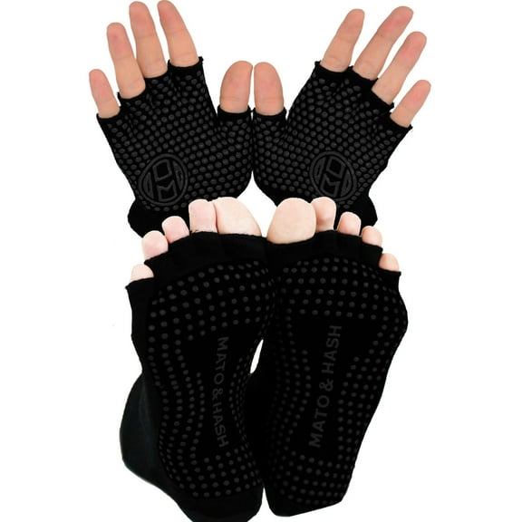 Yoga Gloves AND Socks COMBO PACK | Yoga Gear for Women & Men | by Mato & Hash - Blackout CA7050 CA7200 S/M