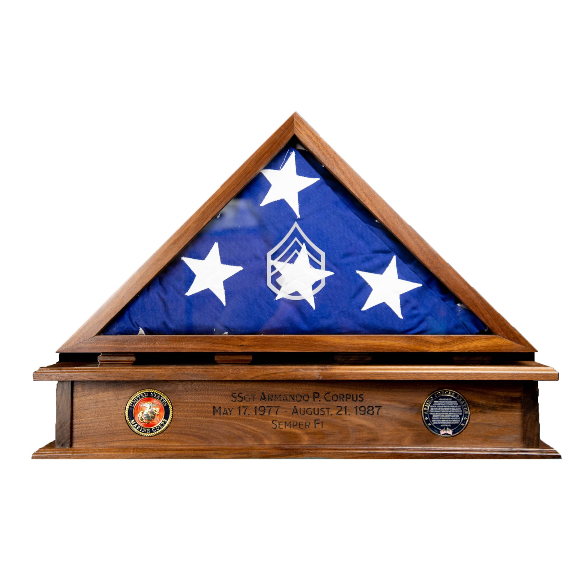 Wooden Flag Case w/ Personalized Engrave Base for US Veteran Flags