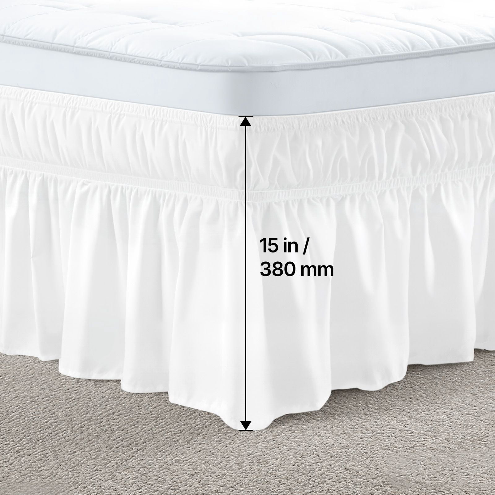 15 Inch Drop Wrap Around Bed Skirt, Three Sides Dust Ruffle 100% Polyester Elastic Bed Skirt Fits Queen Full Twin Size Beds 60×80 in, Adjustable Buckle Easy Install No Need Lift Mattress