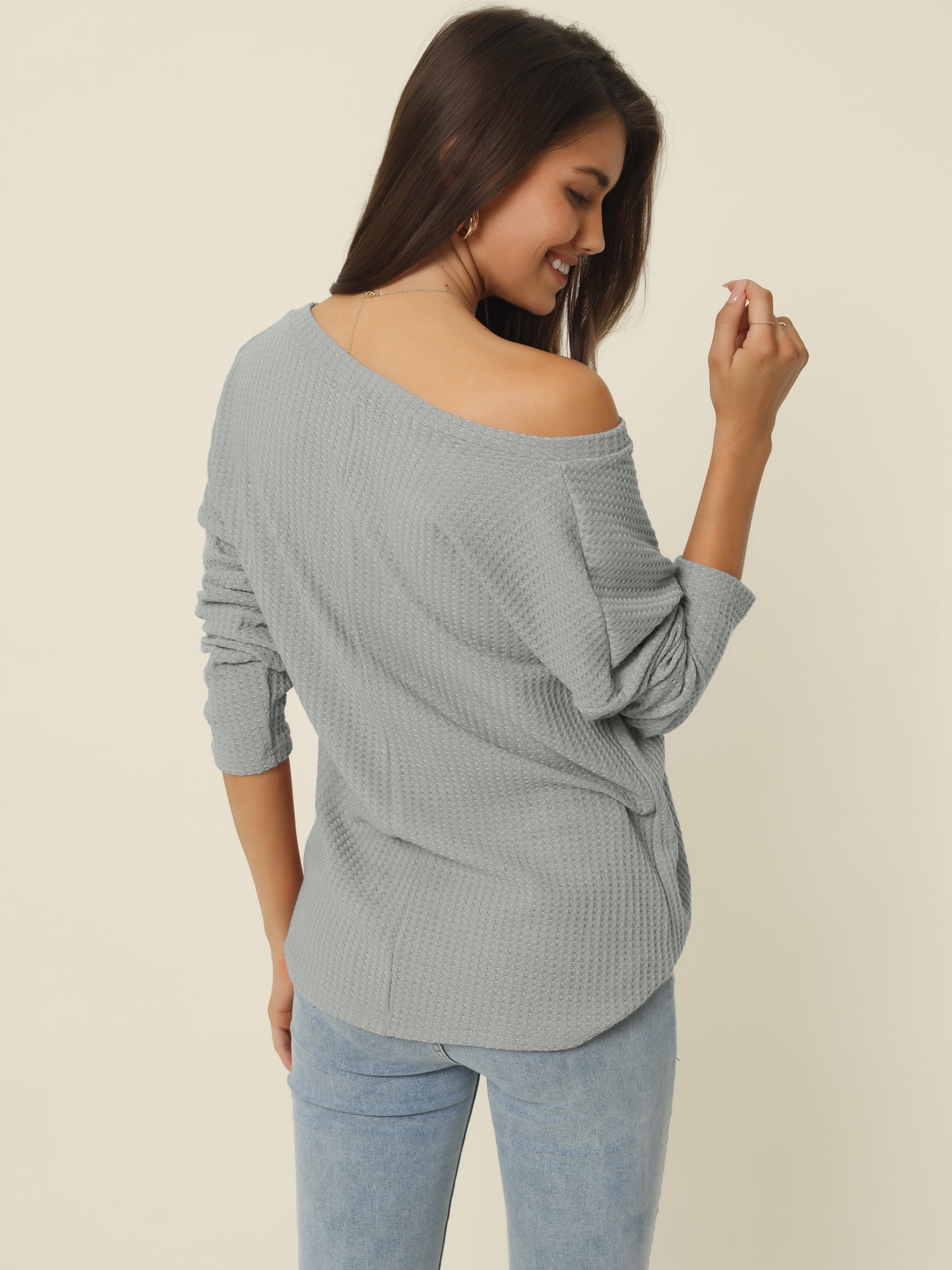 Women's Waffle Knit V Neck Long Sleeve Casual Blouse Lightweight Top L Grey