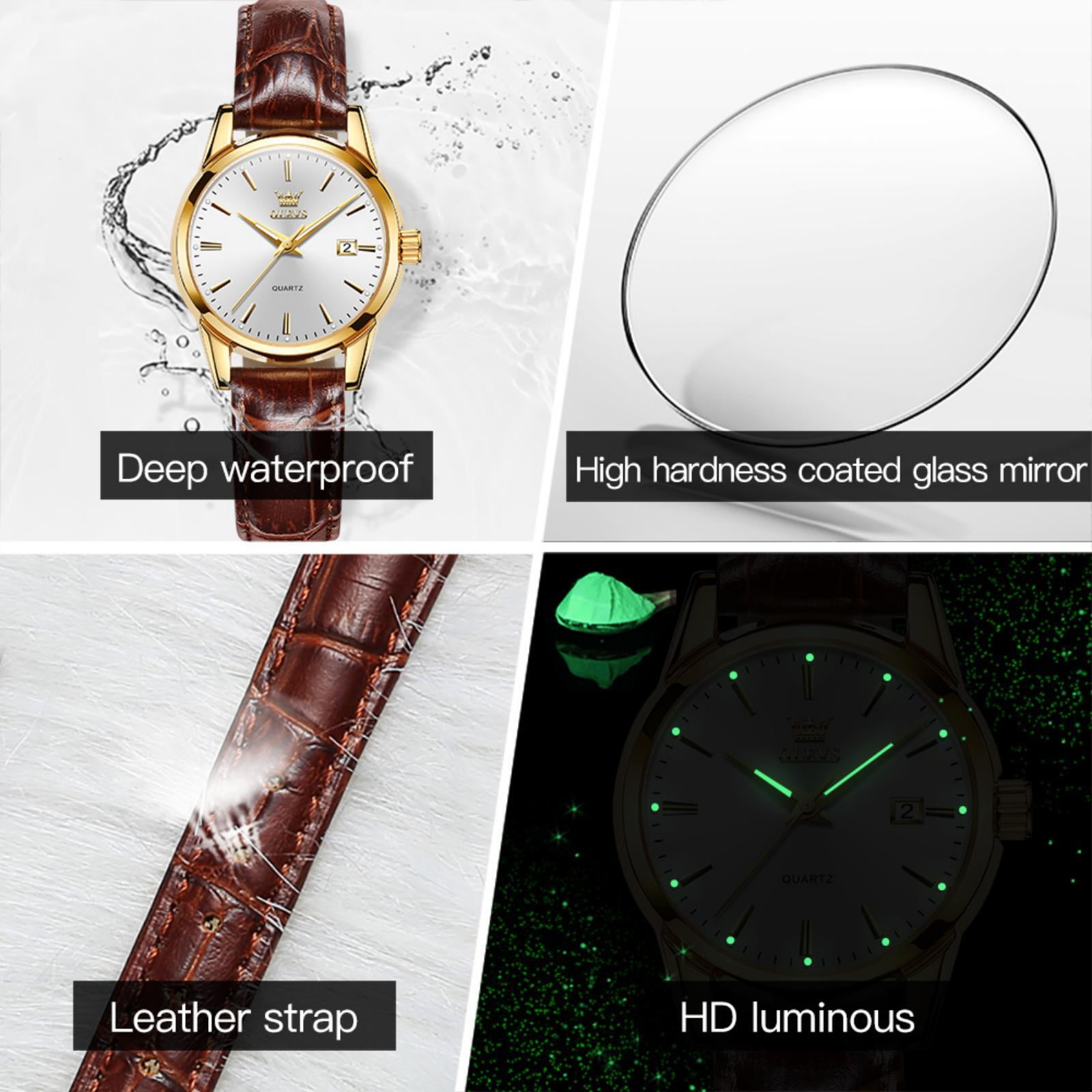 OLEVS Watches for Women Luxury Dress Analog Quartz Easy Read Digital Date Classic Luminous Brown Leather Strap Waterproof Female Wrist Watches Relojes para Mujer