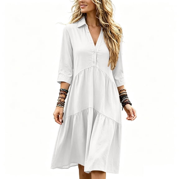 Ovbmpzd Midi Summer Dresses for Women 3/4 Sleeves Loose Fit Flowy White V-Neck Fall Dresses,XXL