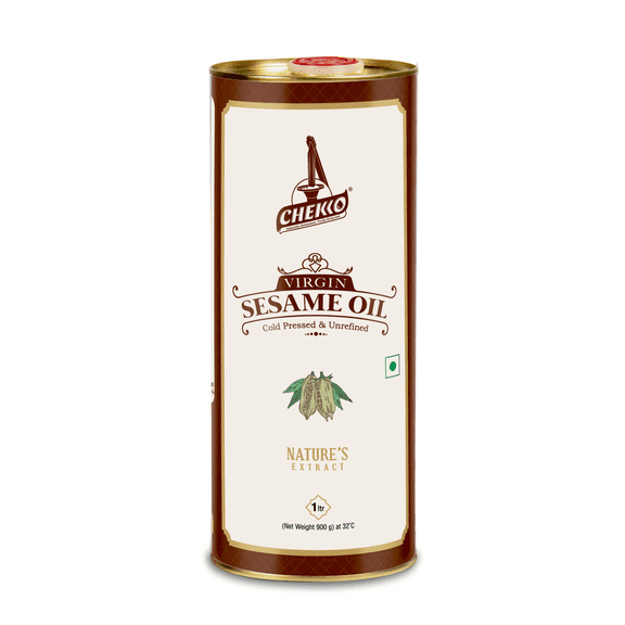 Chekko Cold Pressed Virgin Sesame Oil | 100% Natural, Pure & Wood Pressed (1L - 33 OZ) for Cooking, Haircare, Seasoning, Oil Massage