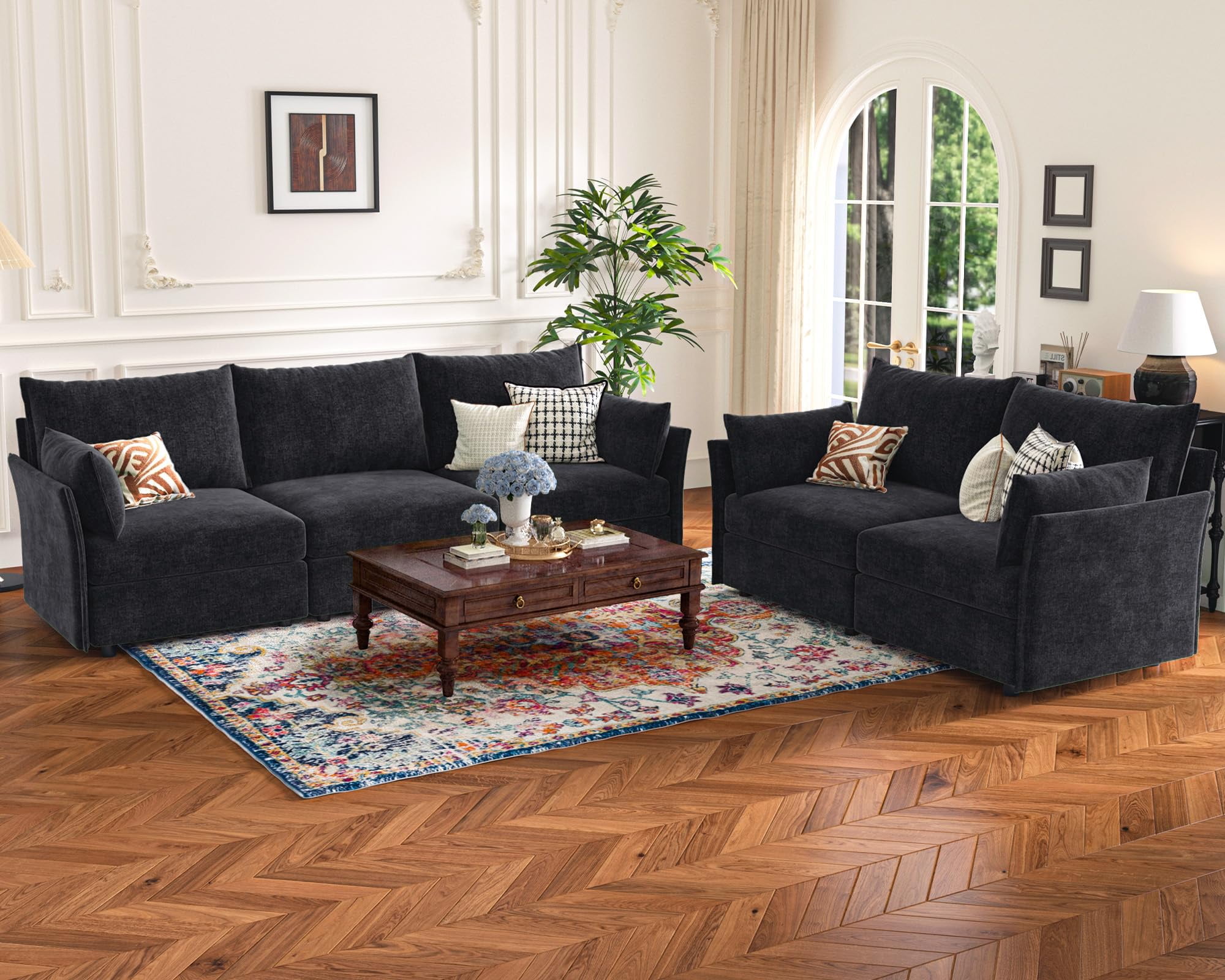 CDCASA Modern Loveseat Sofa, 2 Seater Chenille Sectional Sofa Couch with Deep Seat, Upholstered Couches for Living Room, Black