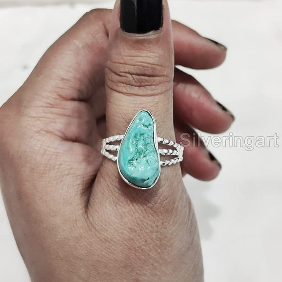 Natural Turquoise Ring, Rough Turquoise Ring, December Birthstone, Doted Band Ring, 925 Sterling Silver, Womens Ring, Christmas, Thanksgiving, Handmade, Statement Jewelry, Rough Gemstone Jewelry