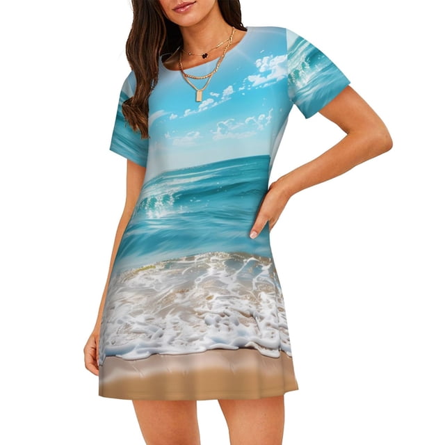 Vsdgher Motif Vagues Ensoleillées Océan Chemise de Nuit à Manches Courtes Col Rond Mignonne Robe de Nuit Confortable
