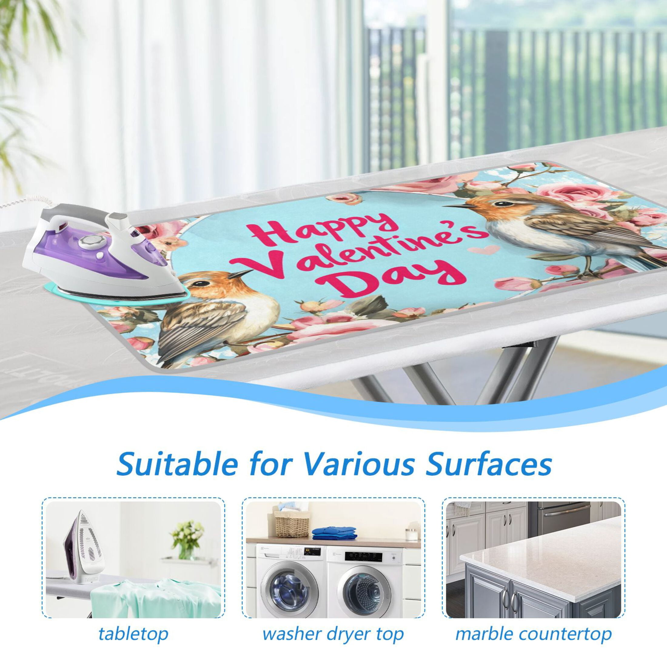 Birds Roses Happy Valentine's Day Ironing Mat Blanket Portable Travel Ironing Pad Heat Resistant Pad 47.2" x 27.6”