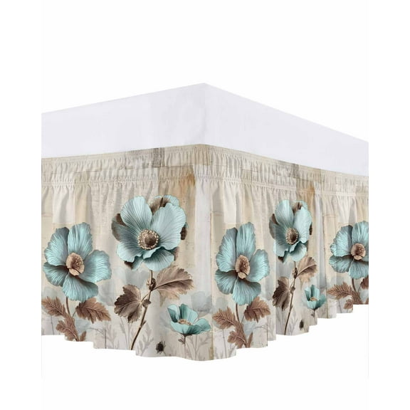 Blue Broccoli Bed Skirt King Size 16" Drop Vintage Flowers Victorian Style Ruffled Wrap Around Bed Skirts Adjustable Elastic Bedskirt Dust Ruffle for King Size Bed