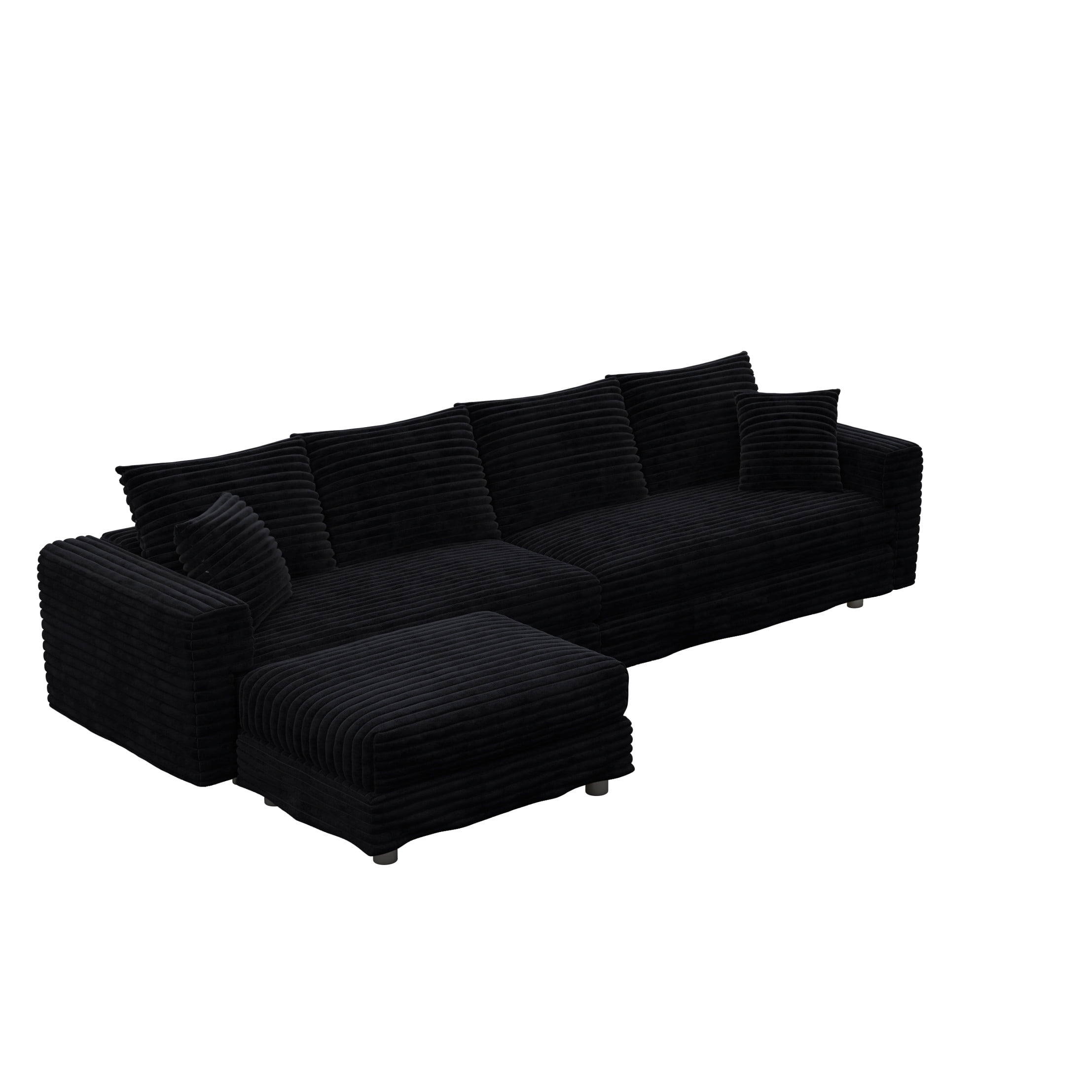 Noble House Nesta 4-Seat Plush Corduroy Cloud Sofa, Convertible Deep Seat Lounge Couch with Ottoman & Soft Pillows, Black