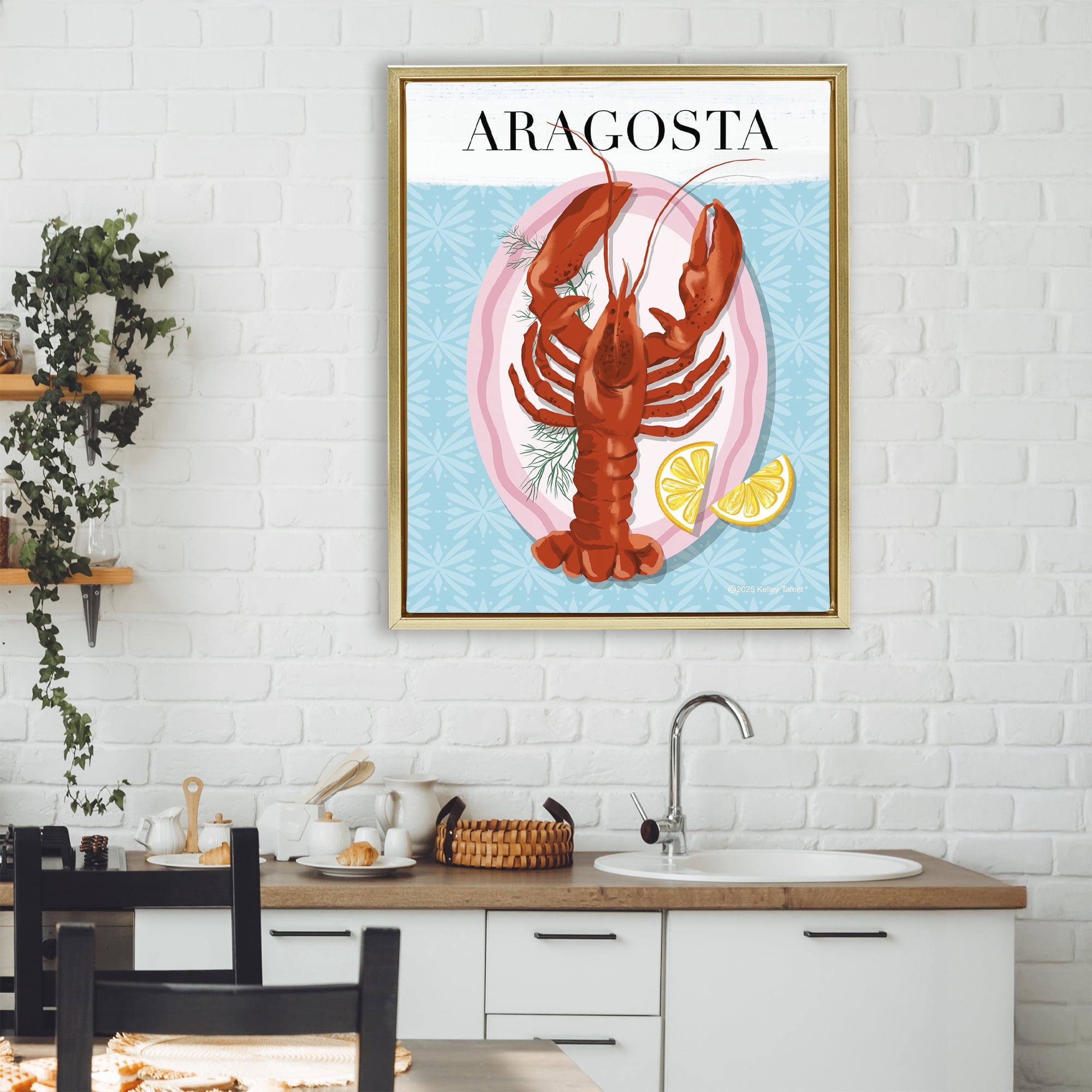 Stupell Industries Aragosta Lobster Dish Gold Framed Floater Canvas Wall Art, design by Kelley Talent