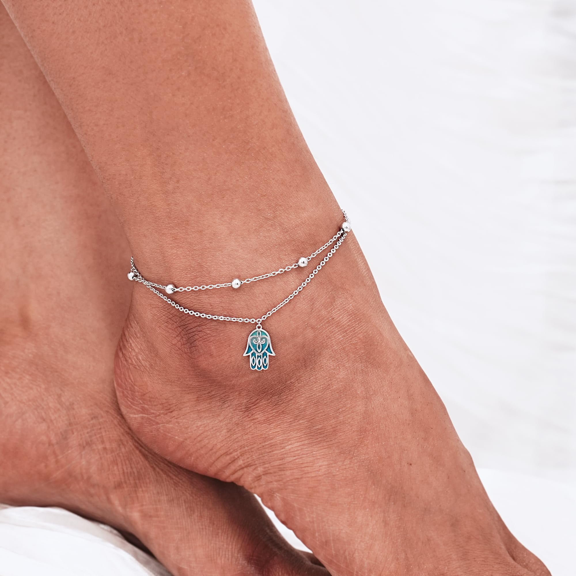 Hamsa Anklet 925 Sterling Silver Boho Ankle Bracelet for Women Dainty Evil Eye Foot Chains Adjustable Beach Hamsa Hand Layered Anklet Jewelry 11 Inches
