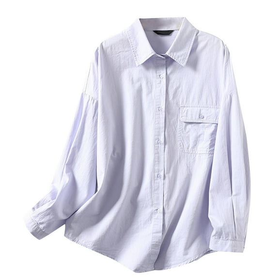 ShomPort Women's Cotton Shirts Loose Button Down Pocket Blouses Lapel Plain Long Sleeve Tops