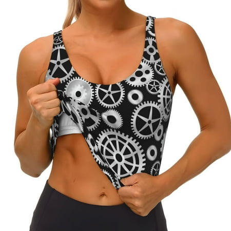 Qokaie Metallic Gears Pattern Womens Scoop Neck Sports Bra Breathable Workout Vest Padded U Back Medium Impact Fitness Gym Yoga Bra Workout Crop Top