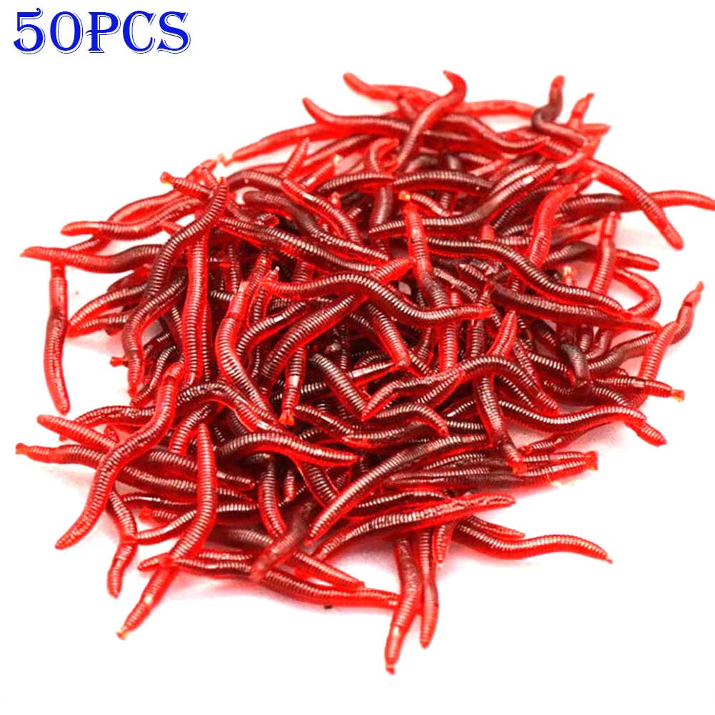 50x Soft Lure Red Worms Earth Worm Fishing Baits Trout fish Lures tackle 3.5cm 