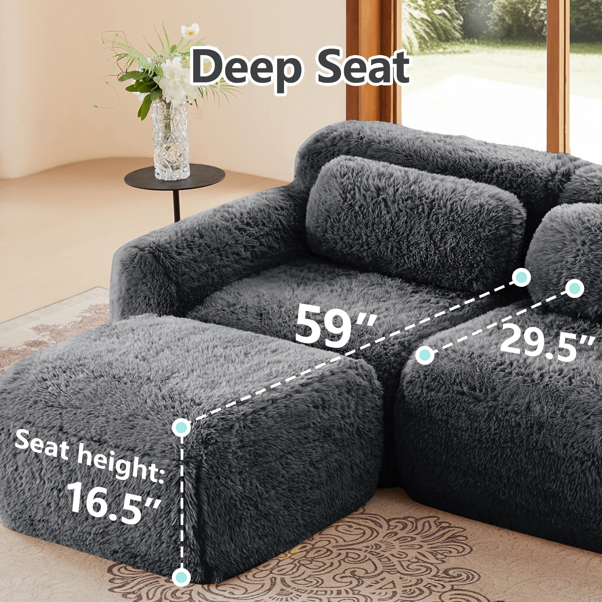 Aukfa 149" Faux Fur Modular Sectional Sofa, 6-Piece 4-Seater Deep Seat U-Shaped Couch with 2 Ottomans, Gray