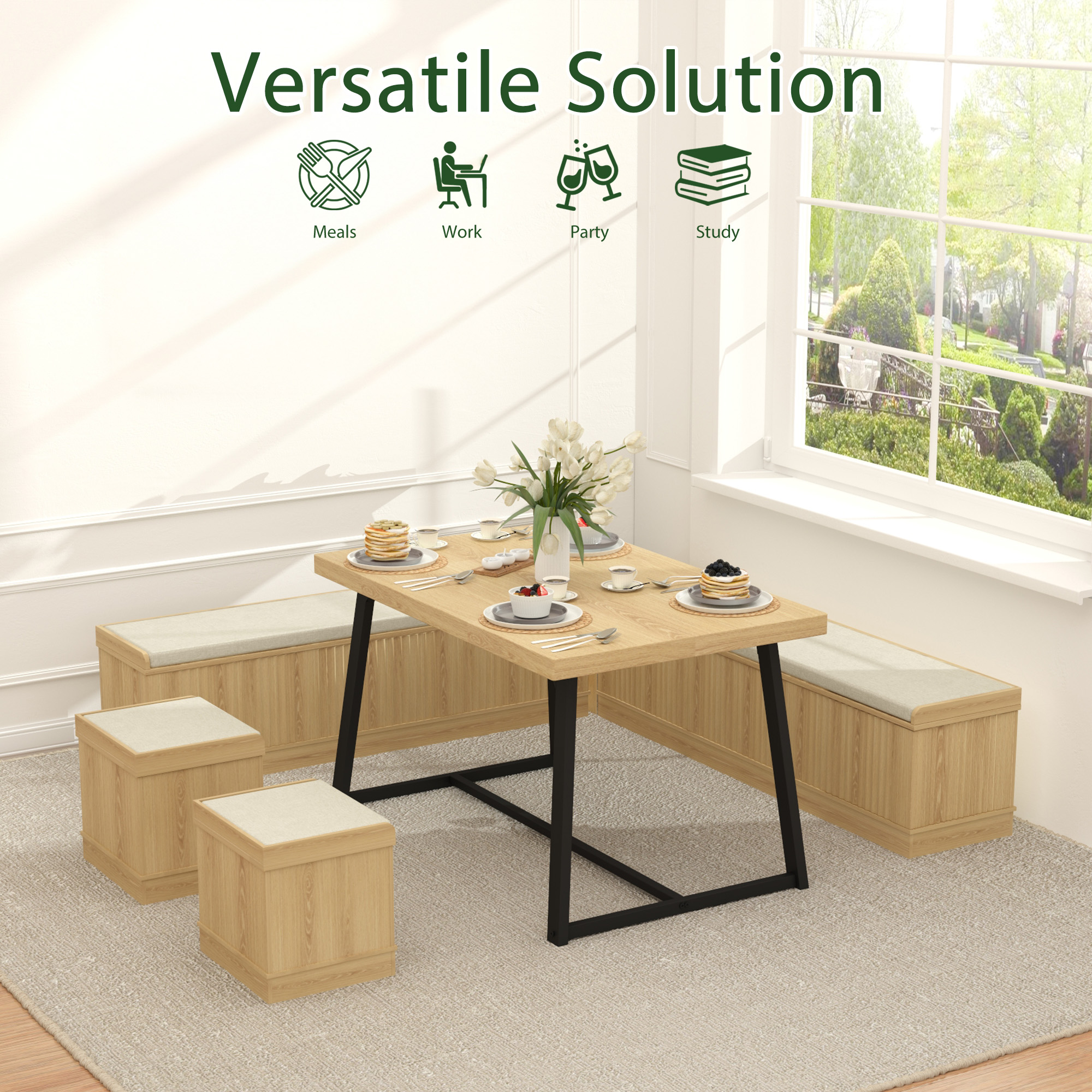 Brafabhome 6 PCS Dining Table Set with Storage Bench, Modern Corner Breakfast Nook with Cushions Stool for 6, Suitable for Kitchen and Dining Room | Nature