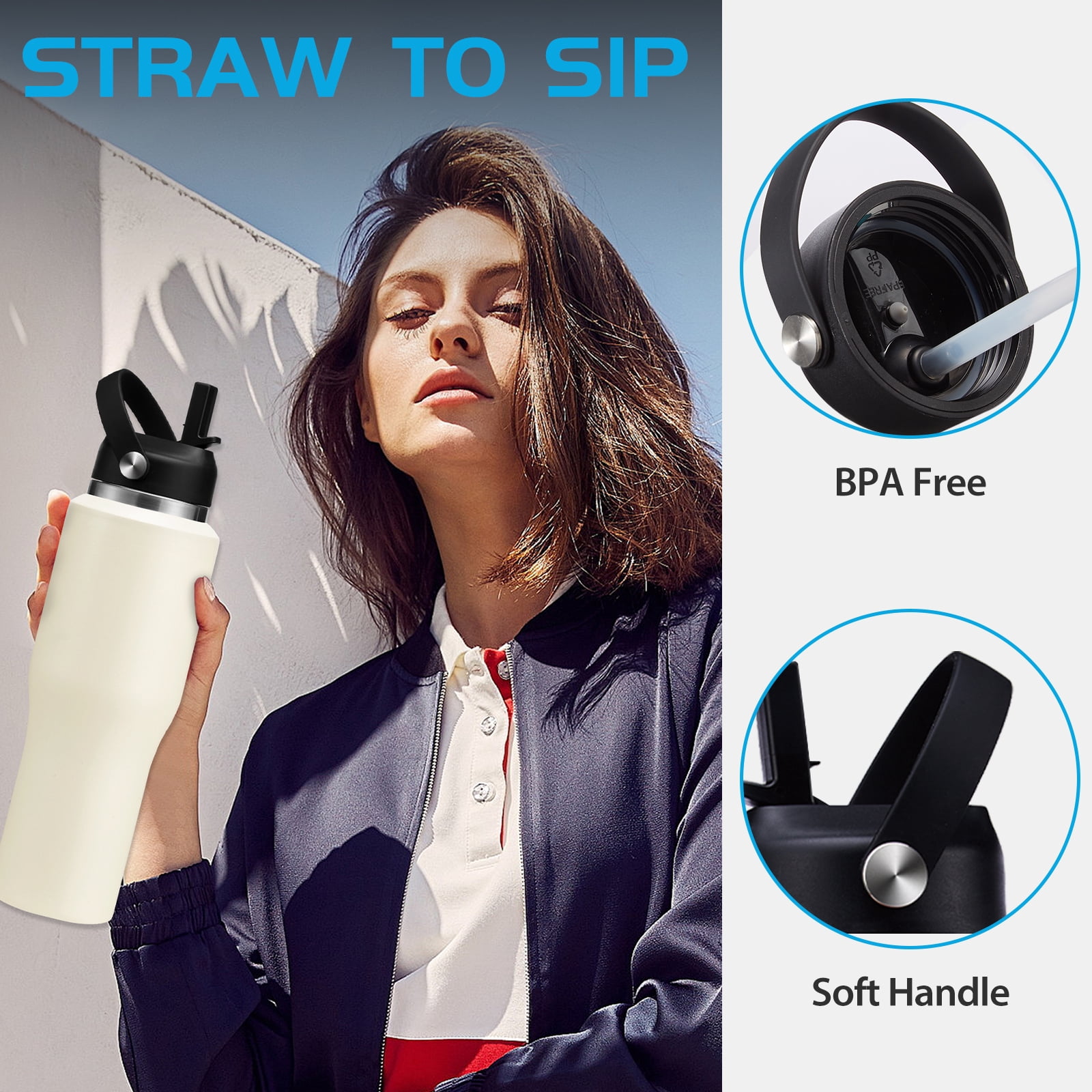 32oz Tumblers Insulated Water-Bottle with Straw - Cold 48H Hot 24H, Leakproof Stainless Steel Tumbler Flask Metal Mug Jug Fits in Car Cup Holder