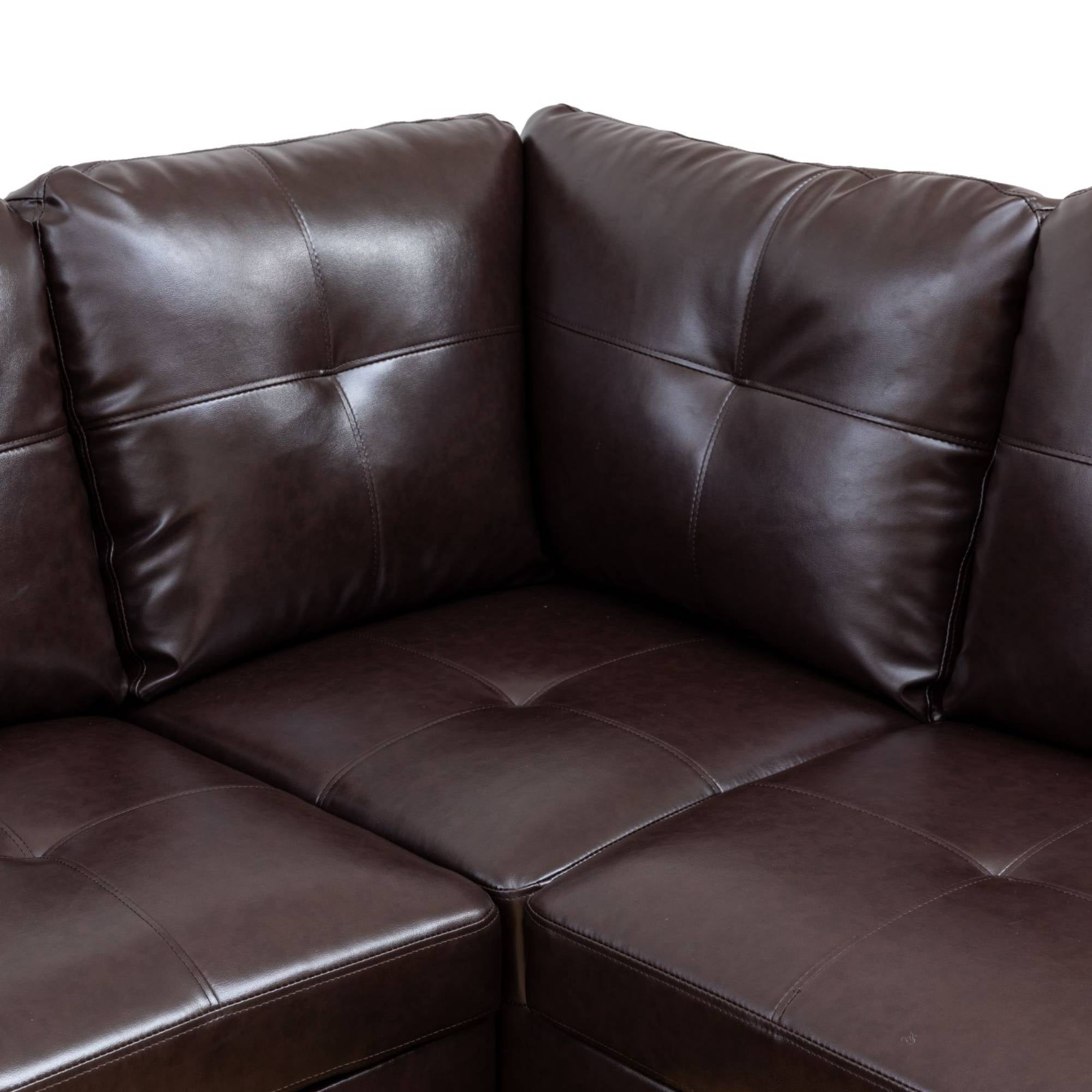 L Shape Sectional Sofa Couches Set, Modern Leather Corner Sofa Couch with Pillows for Living Room, Brown
