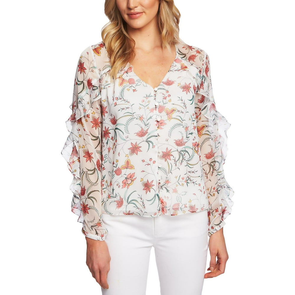 CeCe CeCe Womens Floral Print Ruffled Blouse