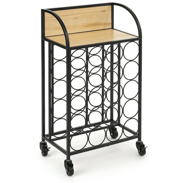 Displays2go Rolling Wine Rack w/ Shelf, Stores 20 Bottles, Steel Frame