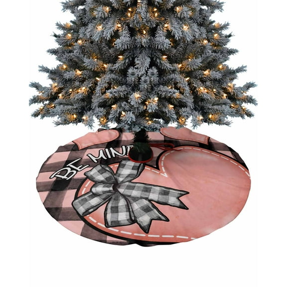 Pink Love Heart Valentines Christmas Tree Skirt 48 Inches Large Christmas Skirt Tree, Watercolor Black Pink Plaid Tree Skirt Christmas Decorations for Fireplace Party Holidays Indoor Outdoor