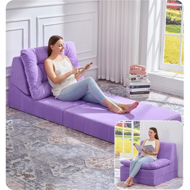 Sofá Cama Plegable Cómoda Tumbona de Piso Sofá Convertible con Cojín Removible Sofás para Espacios Pequeños Colchón Plegable para Sala de Estar, Dormitorio u Oficina (Cordury Morado, Grande)
