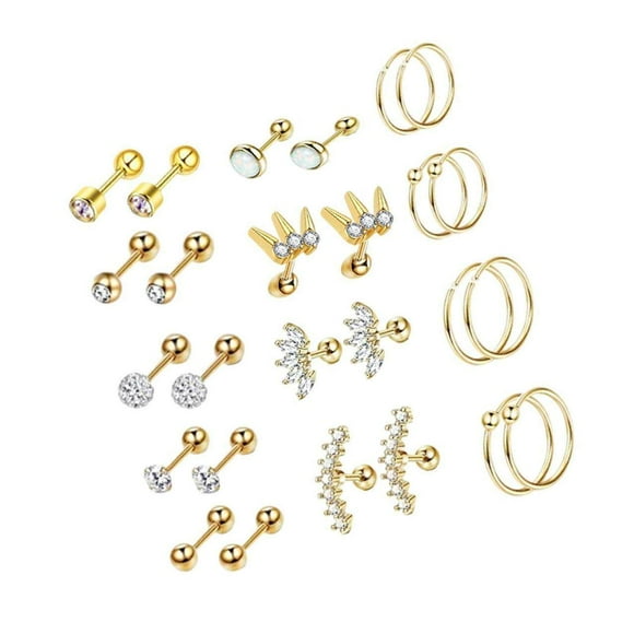 13 Pairs 16G Stud Earrings 8mm 6mm Tragus Barbell for Women Men Gold tone