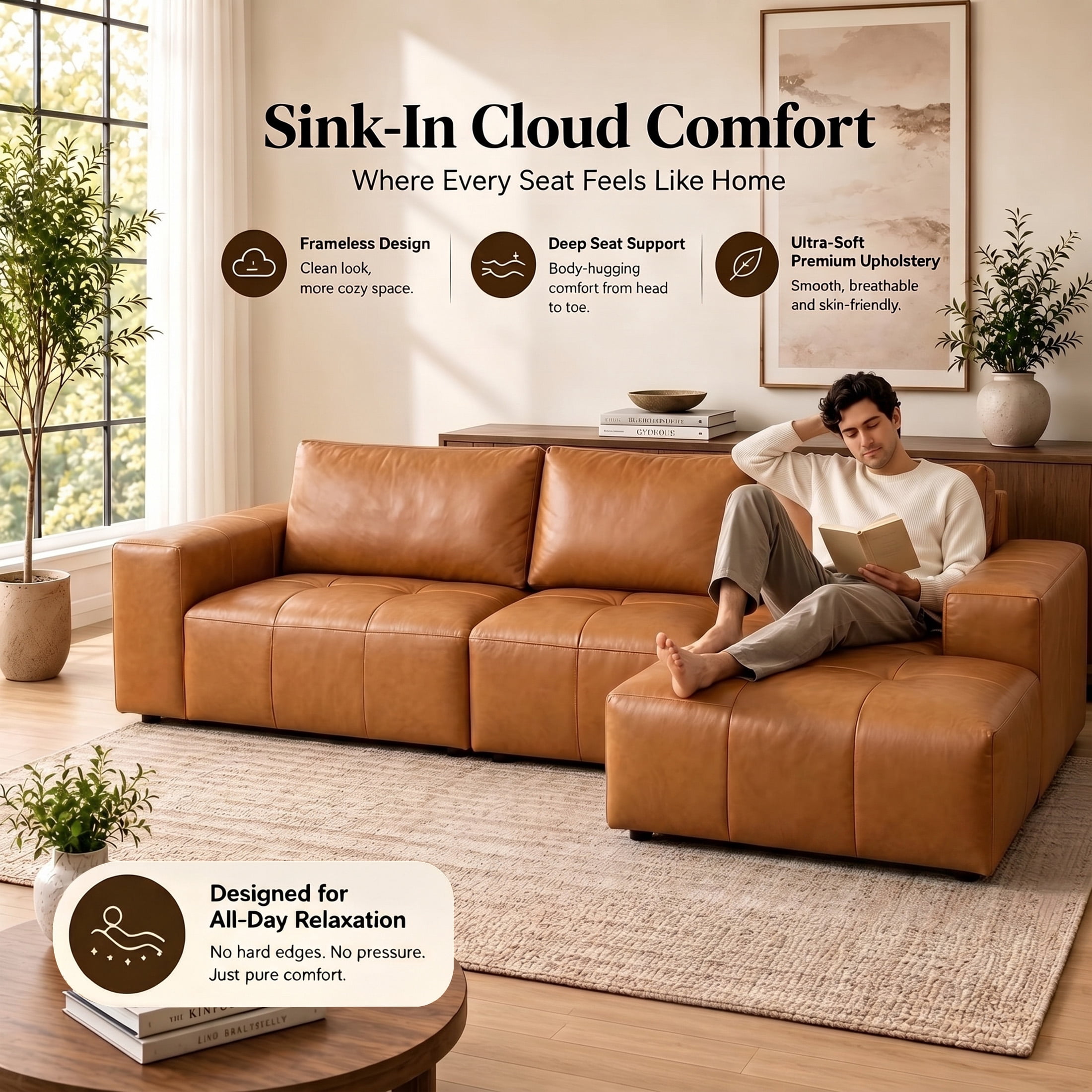 Aenkyo 114" Faux Leather L-Shaped Sectional Sofa with Right Hand Chaise, Boneless Modular Couch, Ginger