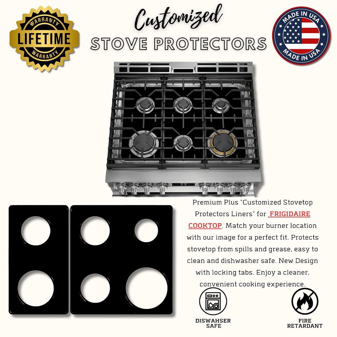 Premium Plus Stove Protectors for Frigidaire Gas Stove Model PCFG3080AF, Custom Cut, Easy to Clean Stove Liner, Made in the USA.