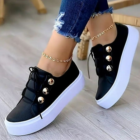 

Lightweight Lace-up Round Toe Skate Sneakers Fashion Tick Sole Platform PU Leather Flat Shoes Women s Footwear
