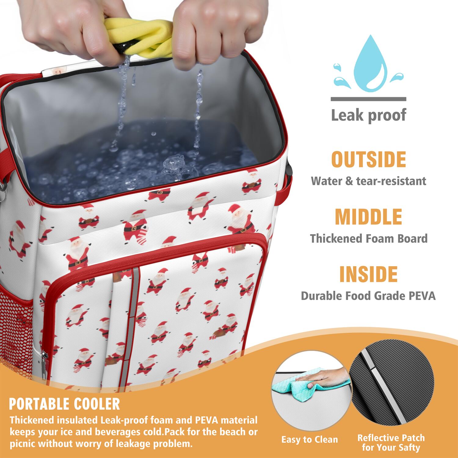 Travel Cooler Bag - White Christmas Santa Pattern Camping Beer Cooler Backpack with Bottle Opener- Waterproof Insulated Picnic Backpacks - Cooler Bag for Beach