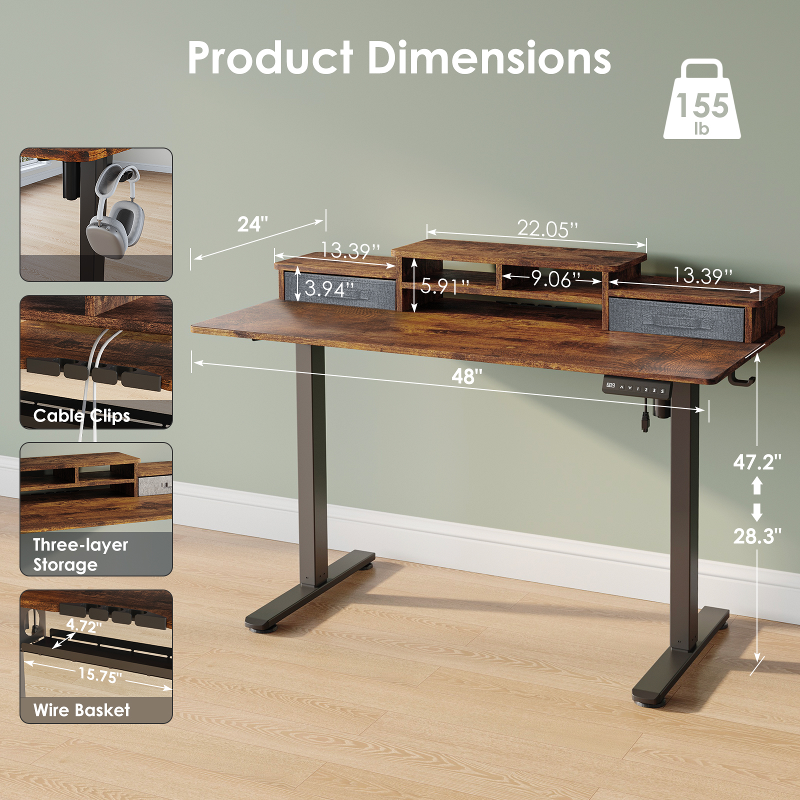 Erinnyees 48" x 24" Electric Standing Desk with 2 Drawers & Storage Shelf, Adjustable Height Sit Stand Computer Desk for Home Office