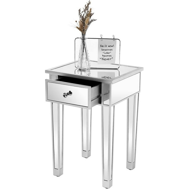 Vingli Mirrored End Table With Drawer Silver Modern Nightstand Bedside Accent For Small Space Living Room Bedroom 15 7 L X W 24 H Mirror Com Vingli Mirrored End Table With Drawer, Mirrored Small End Table