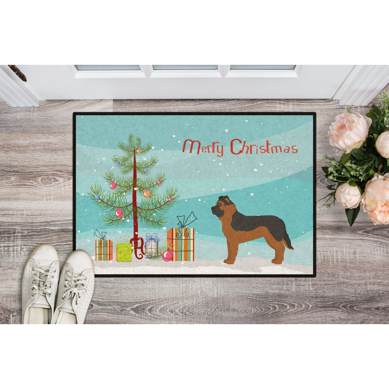 Black German Shepherd Mastiff Mix Christmas Tree Door Mat