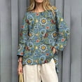 thumbnail image 4 of Blue Tshirts for Women's Vintage Floral Baseball Art Print Casual 3/4 Sleeve T Shirts Round Neck Cotton Shirt Summer Tops, 4 of 4
