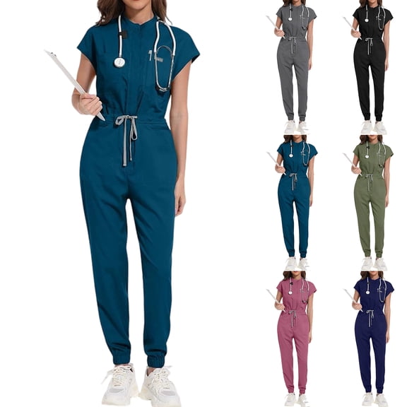 Inglocry Scrubs Set for Women,Quick Dry Soft Stretch Jumpsuit & Jogger with Multi Pocket for Nurse Esthetician Workwear Black XL