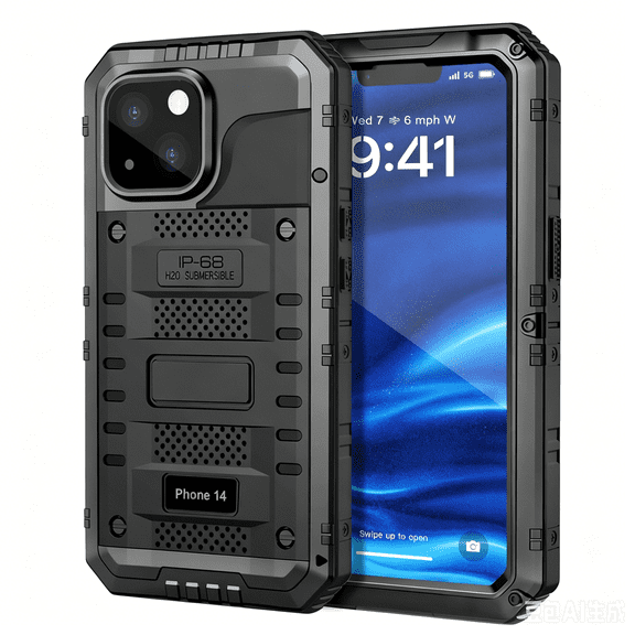 Waterproof Case for iPhone 14, Heavy Duty Shockproof Case with Built-in Screen Protector, Full Body Underwater Protective Metal Case 6.1 inch, Black
