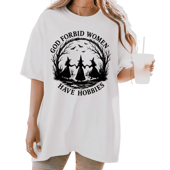 Women's Vintage "God Forbid Women Have Hobbies" Witch Coven Graphic Casual T Shirt Short Sleeve Round Neck Top White S-5XL