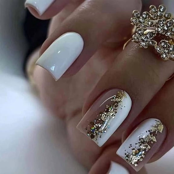 WEEKS White Press on Nails Medium Fake Nails Nude Square Acrylic Nails, Artificial Glossy Nails with Sequins