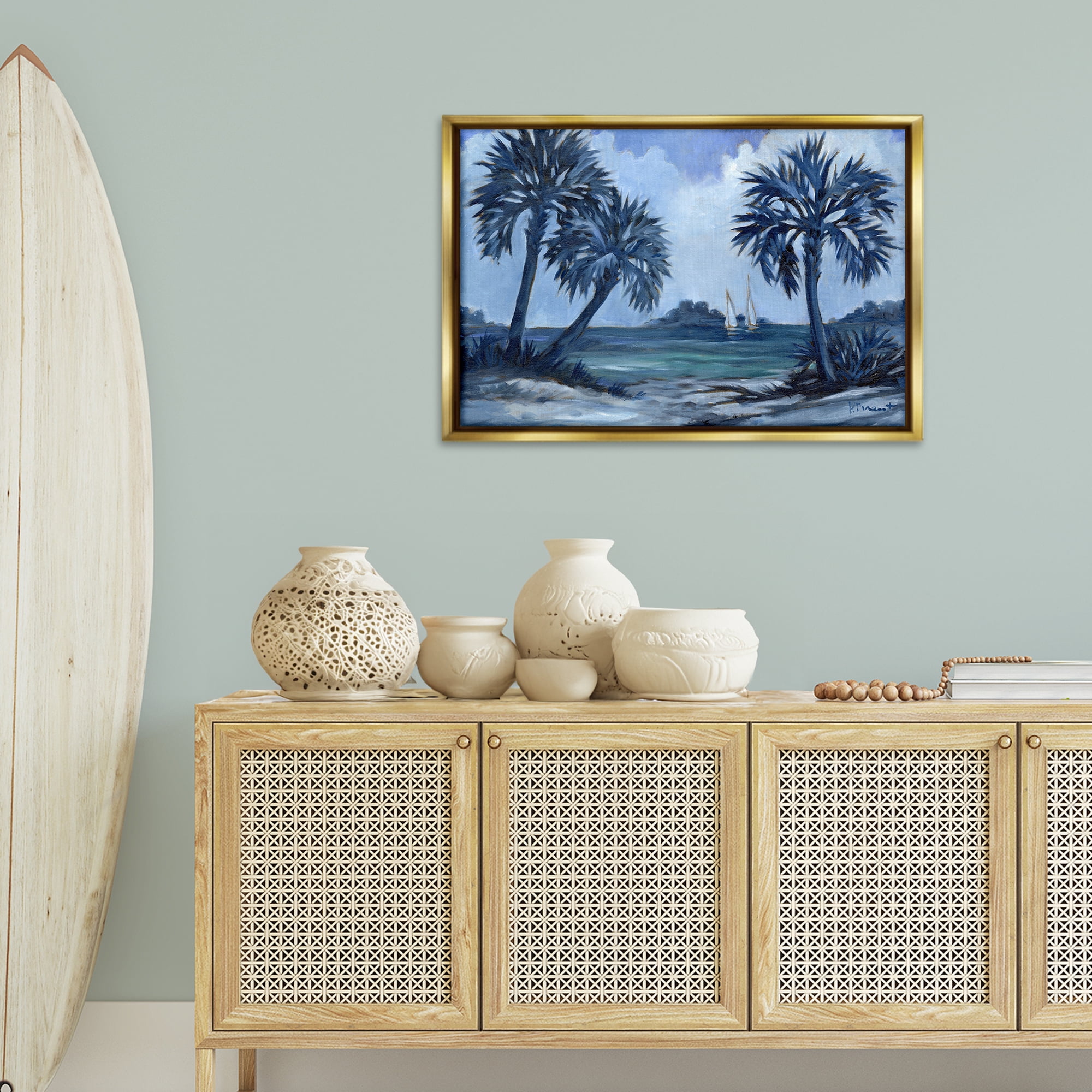 Stupell Industries Indigo Palms Impressions Landscape Painting Gold Floater Framed Canvas Art Print Wall Art, 31 x 21