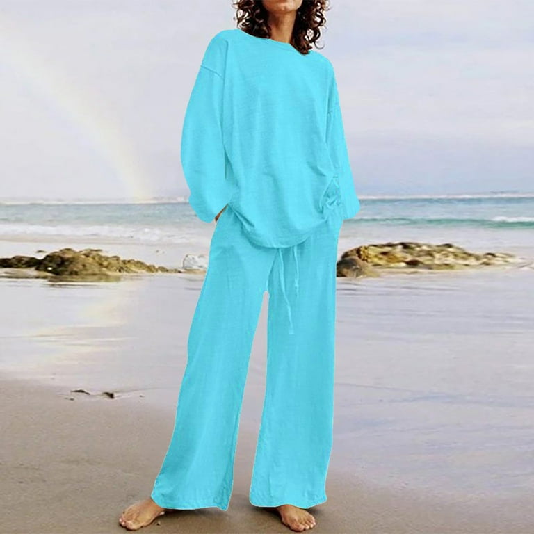 BLVB Women s Cotton Linen 2 Piece Outfits Casual Crewneck Long