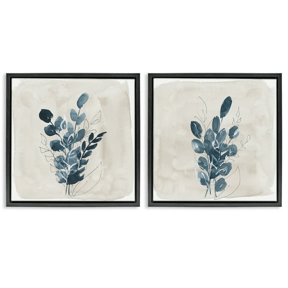 Stupell Industries Blue Summer Leaves Plants & Flowers Painting Black Floater Framed Canvas Art Print Wall Art, 18 x 18, Set of 2