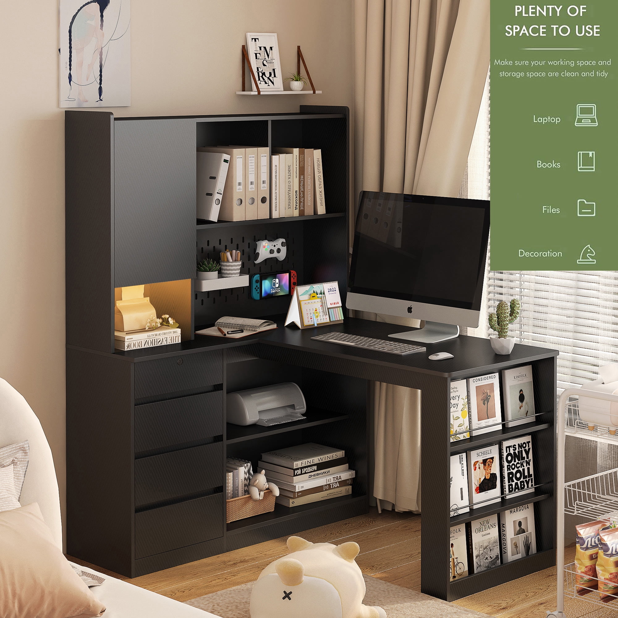 Modern L Shaped Computer Desk with Bookshelf and Hutch, Home Office Corner Study Desk Writing Table with Storage Drawers and LED Light