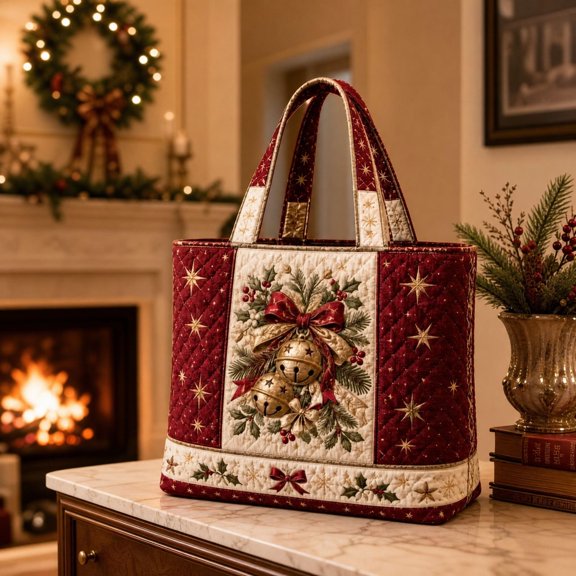 Christmas Quilted Tote Bag for Women, Large Shoulder Purse with Handle,Bell Christmas Tote Bag for Shopping,Holiday,Travel,Work Parties and Seasonal Gift Carrying