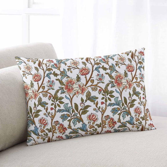 Red Floral Throw Pillow Cover, Pillowcase Protectors with Zipper, Breathable Decorative Lumbar Pillow Case Cover, Botanical Watercolor Vintage Flower Leaf Pillow Shams for Couch Sofa 12x20Inch
