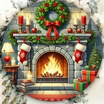 HELLOYOUNG Charming Christmas Fireplace Metal Wall Sign 7.8 Inch Round Festive Home Decor
