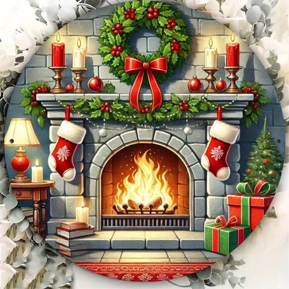 HELLOYOUNG Charming Christmas Fireplace Metal Wall Sign 7.8 Inch Round Festive Home Decor