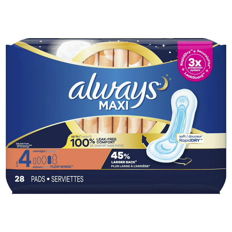 Always Maxi Pads without Wings, Size 4, Overnight Absorbency, 28 CT